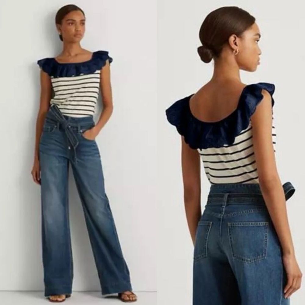 Lauren Ralph Lauren Striped Eyelet Ruffle Top, Cap Sleeve Round Neck Size XL NWT - Picture 2 of 14